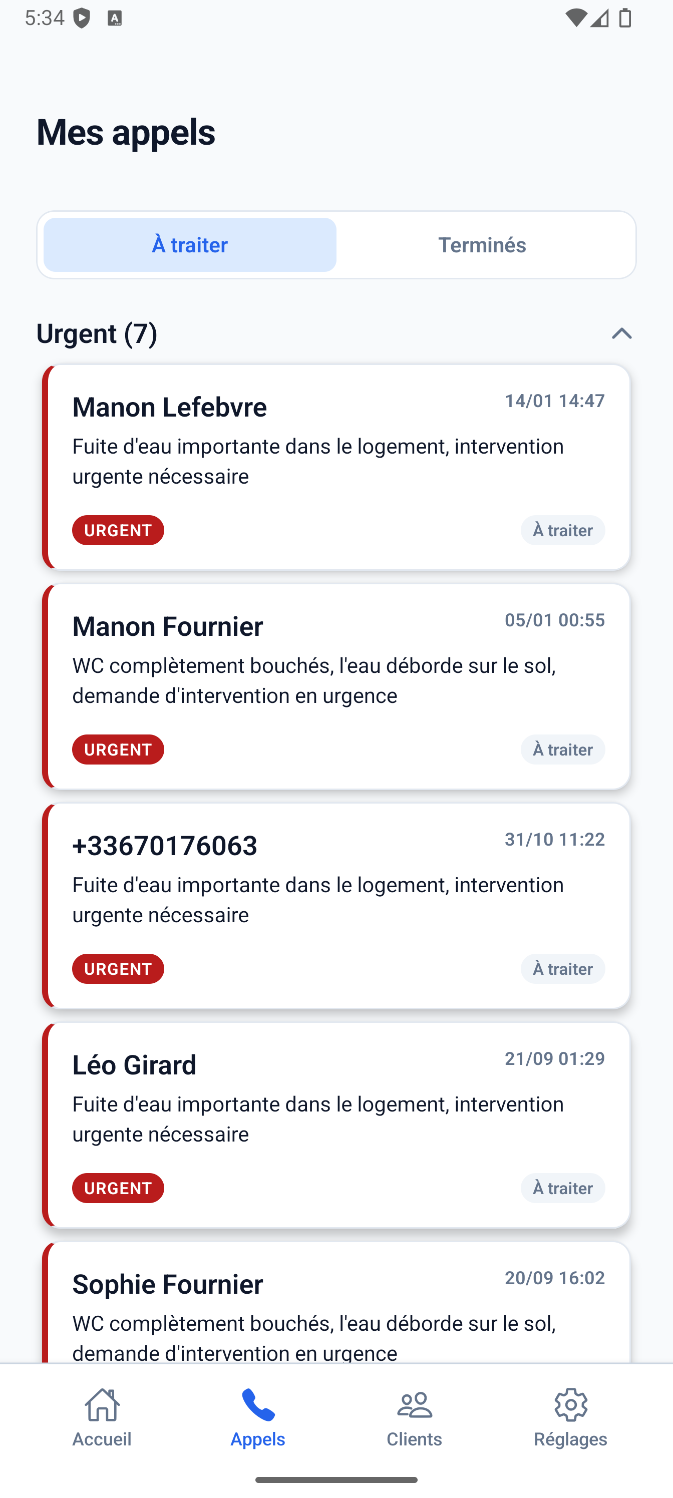 Tableau de bord des appels terminés